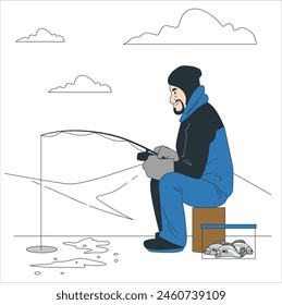 Man ice fishing on a frozen lake. winter holidays and people concept. Winter fishing background. Fisherman with rod sitting on ice and fishing exact vector template. Man ice fishing on a ice hill 2540
