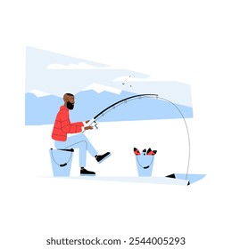 Hombre De La Pesca De Hielo En El Lago Congelado Con La Varilla Y El Cubo En La Ilustración vectorial Plana Que Simboliza El Ocio De Invierno Y La Aventura Al Aire Libre, Aislado En El Fondo Blanco