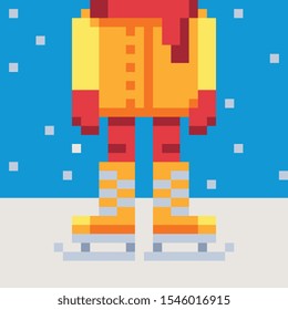 Man ice skating in winter, isolated pixel art vector illustration. Game assets 8-bit sprite. Design for stickers, web, mobile app.