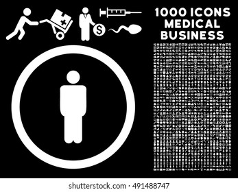 Man icon with 1000 medical commercial white vector pictographs. Clipart style is flat symbols, black background.