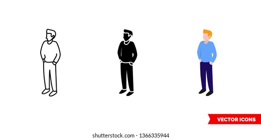 Man icon of 3 types: color, black and white, outline. Isolated vector sign symbol.