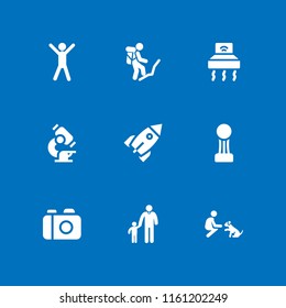 man icon. 9 man set with dog, scientific, backpack and hood vector icons for web and mobile app