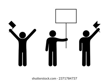 Man icon with banner, isolated human figure silhouette, protest illustration, people holding flags and banner