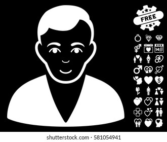 Man icon with bonus amour pictures. Vector illustration style is flat iconic white symbols on black background.