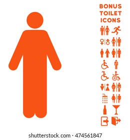Man icon and bonus gentleman and female toilet symbols. Vector illustration style is flat iconic symbols, orange color, white background.