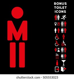 Man icon and bonus gentleman and female restroom symbols. Vector illustration style is flat iconic bicolor symbols, red and white colors, black background.
