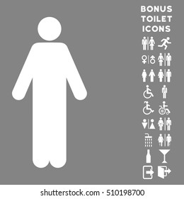 Man icon and bonus gentleman and lady restroom symbols. Vector illustration style is flat iconic symbols, white color, gray background.