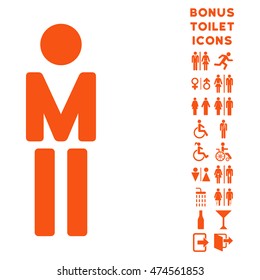 Man icon and bonus male and female WC symbols. Vector illustration style is flat iconic symbols, orange color, white background.