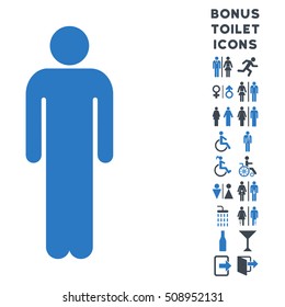 Man icon and bonus male and female WC symbols. Vector illustration style is flat iconic bicolor symbols, smooth blue colors, white background.