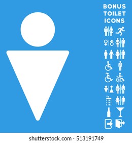 Man icon and bonus male and female lavatory symbols. Vector illustration style is flat iconic symbols, white color, blue background.
