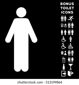 Man icon and bonus male and lady lavatory symbols. Vector illustration style is flat iconic symbols, white color, black background.
