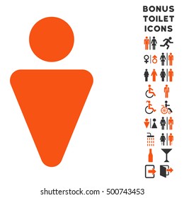 Man icon and bonus male and woman restroom symbols. Vector illustration style is flat iconic bicolor symbols, orange and gray colors, white background.