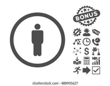 Man icon with bonus pictogram. Vector illustration style is flat iconic symbols, gray color, white background.