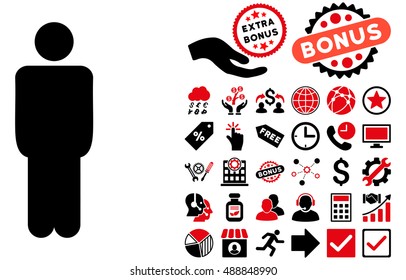 Man icon with bonus pictures. Vector illustration style is flat iconic bicolor symbols, intensive red and black colors, white background.