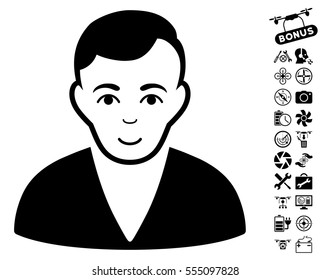 Man icon with bonus quadrocopter tools pictures. Vector illustration style is flat iconic black symbols on white background.