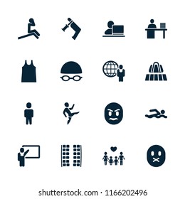 Man icon. collection of 16 man filled icons such as luggage belt, plane seats, swimming hat and glasses, singlet, sad emot, angry emot. editable man icons for web and mobile.