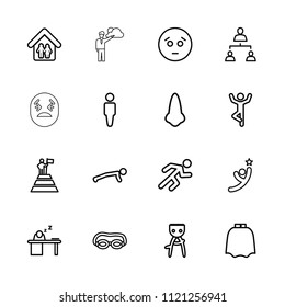 Man icon. collection of 16 man outline icons such as nose, hairdresser peignoir, hair removal, sad emot, swimming glasses, running. editable man icons for web and mobile.