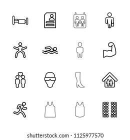 Man icon. collection of 16 man outline icons such as plane seats, resume, bed, gay couple, family home, muscular arm, elevator. editable man icons for web and mobile.
