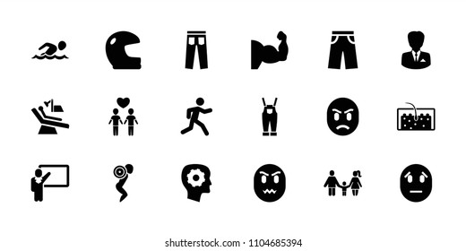 Man icon. collection of 18 man filled icons such as pants, gear in head, helmet, running, hair, dental chair, family, sad emot. editable man icons for web and mobile.