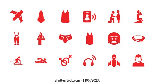 Man icon. collection of 18 man filled icons such as airport desk, nose, belt, singlet, emot with mustache, marriage proposal. editable man icons for web and mobile.