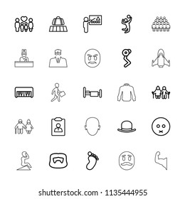 Man icon. collection of 25 man outline icons such as luggage belt, foot print, piano toy, hat, sad emot, old couple, bed, family. editable man icons for web and mobile.