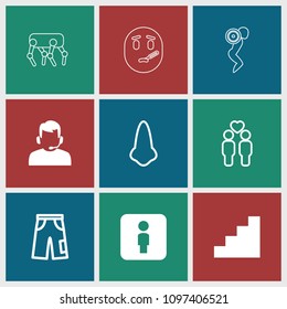 Man icon. collection of 9 man filled and outline icons such as stair, nose, pants, gay couple, male wc, support, sick emot. editable man icons for web and mobile.