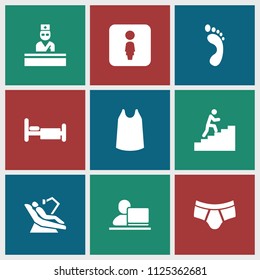 Man icon. collection of 9 man filled icons such as singlet, bed, foot print, female wc, doctor. editable man icons for web and mobile.