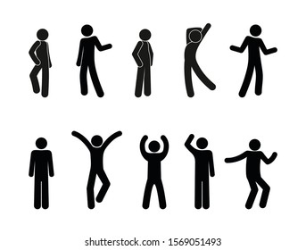 Man Icon, Dancing And Posture, People Stand, Waving, Sticks Figure People Illustration, Isolated Human Silhouettes