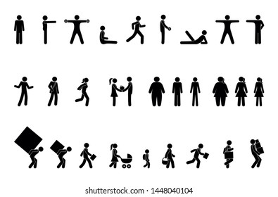 man icon, different situations, pictogram people, stick figure character set, sport and exercise, overweight and lifestyle, weightlifting