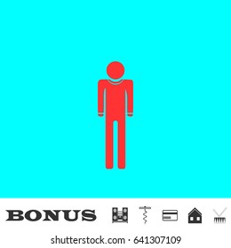 Man icon flat. Red pictogram on blue background. Vector illustration symbol and bonus buttons Music center, corkscrew, credit card, house, drum