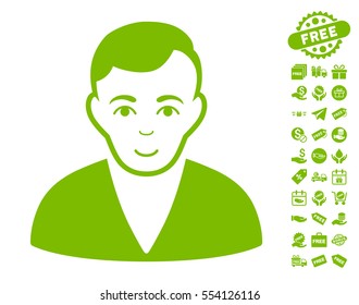 Man icon with free bonus clip art. Vector illustration style is flat iconic symbols, eco green color, white background.