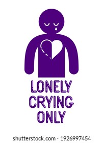 Man icon with half heart lonely and missing his mate lover girlfriend, divorce breakup and loneliness vector concept symbol, stylish illustration of broken relations.