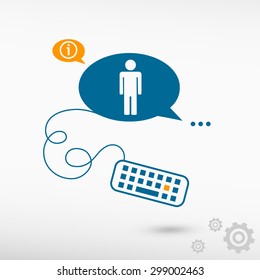 Man icon and keyboard on chat speech bubbles. Line icons for application and creative process.