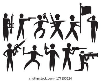 Man Icon of military man with weapons, flags and bombs. Vector illustration.