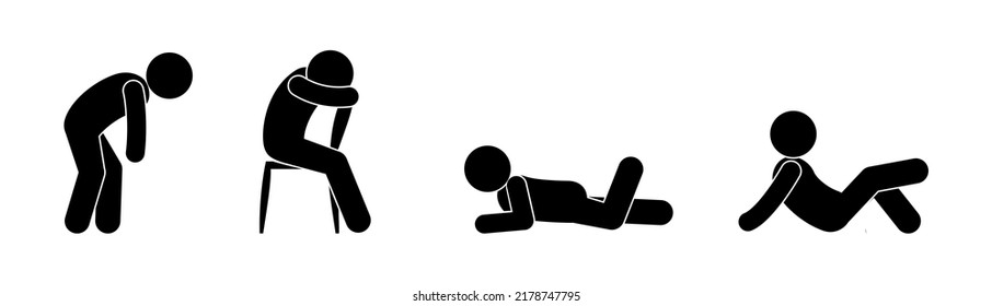 man icon, people tired, illustration resting stickman, human silhouettes isolated on white