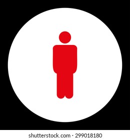 Man icon from Primitive Round Buttons OverColor Set. This round flat button is drawn with red and white colors on a black background.