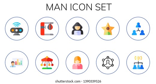 man icon set. 10 flat man icons.  Collection Of - motion sensor, business presentation, punching bag, ride, hacker, business woman, influencer, user, teamwork, team