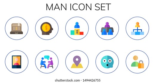 man icon set. 10 flat man icons.  Collection Of - cashier, influencer, head, meeting, career promotion, placeholder, scare, boss, user