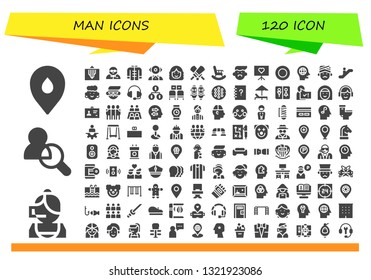 man icon set. 120 filled man icons.  Collection Of - Placeholder, Call center, Friends, Mind, Bodyguard, Wushu, Mentalist, Woman, Cricket, Retirement, Avatar, Presentation, Frisbee
