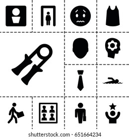 Man icon. set of 13 filled manicons such as metal gate detector, man wc, face, singlet, sad emot, courier, photo for passport, tie, gear in head, swimmer, celebrity