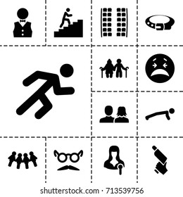 Man icon. set of 13 filled man icons such as plane seats, man and woman, belt, mustache and glasses, nail gun, crying, running, waiter, children