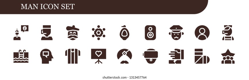 man icon set. 18 filled man icons.  Simple modern icons about  - Friend, Call center, Artist, Team, Urinal, Speaker, Policeman, User, Swimming, Mind, Referee, Presentation, Man