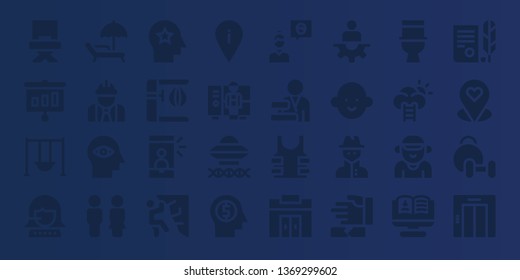 man icon set. 32 filled man icons. on blue background style Simple modern icons about  - Director, Presentation, Swing, Call center, Sunbed, Worker, Mind, Toilet, Punching bag