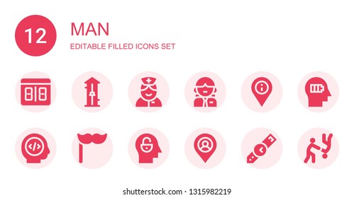 man icon set. Collection of 12 filled man icons included Counter, Free fall, Nurse, Woman, Placeholder, Programmer, Mustache, Mind, Wristwatch, Aikido