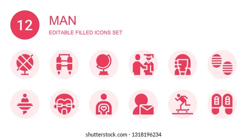 man icon set. Collection of 12 filled man icons included Globe, Jet pack, Proud, Call center, Curriculum, Man, Friend, User, Skater, Footprint, Footprints
