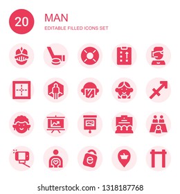 man icon set. Collection of 20 filled man icons included Knight, Hockey, Lifebuoy, Strategy, Call center, Border, Virtual reality, Police, Avatar, Sagittarius, Presentation, Team