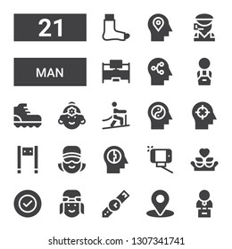 man icon set. Collection of 21 filled man icons included Bust, Placeholder, Wristwatch, Pilot, Success, Friends, Selfie, Mind, Cashier, Metal detector, Climbing, Indian, Worker