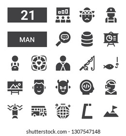 man icon set. Collection of 21 filled man icons included Climbing, Gym, Dance, School bus, Fishing, Call center, Programmer, Devil, Boy, Painting, Employee, Lifebuoy, Worker, Presentation