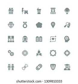man icon set. Collection of 25 filled man icons included Student, Anonymous, Hugh, Bands, Restroom, Lifebuoy, Teamwork, Management, Mind, Friends, Commandments, Call center, Conference