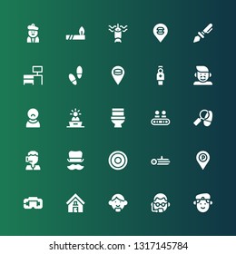 man icon set. Collection of 25 filled man icons included Militar, Bodyguard, Avatar, Address, Virtual reality, Placeholder, Log, Frisbee, Top hat, Call center, Detective, Walkway